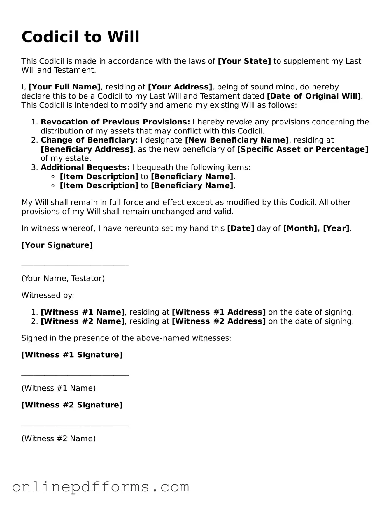 Legal Codicil to Will Form